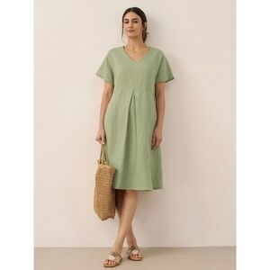 Lintico Green 100% Linen V-Neck Midi Dress Short Sleeve Pockets Sage Small